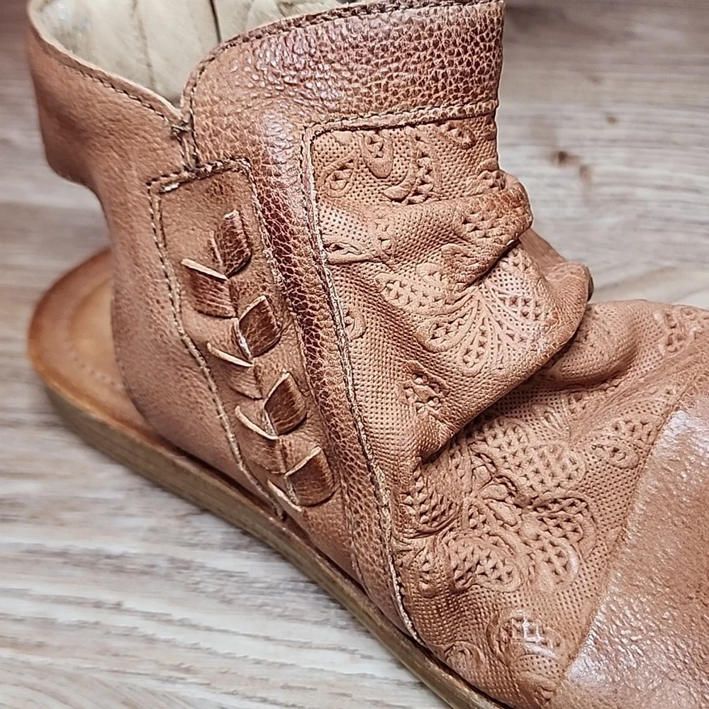 Miz Mooz Flair Scrunch Leather Ruched Sandals Brandy Open Round Toe Ankle Zip - Picture 13 of 14
